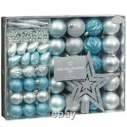 Christmas Tree Decoration Set Of Gorgeous Bauble And Beads Blue & Silver 50Pcs