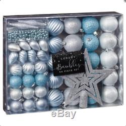 Christmas Tree Decoration Set Of Gorgeous Blue & Silver Baubles And Beads 50Pcs