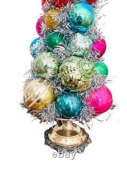 Custom Christmas Table Top Ornament Topiary Tree on Vintage Silver Pedestal