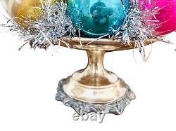 Custom Christmas Table Top Ornament Topiary Tree on Vintage Silver Pedestal