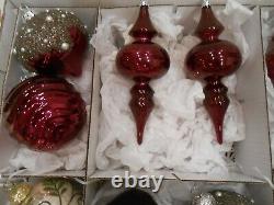 FRONTGATE Set of 15 BURGUNDY, WINE, SILVER, GOLD, GREEN ORNAMENTS Blown Glass