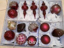 FRONTGATE Set of 15 BURGUNDY, WINE, SILVER, GOLD, GREEN ORNAMENTS Blown Glass