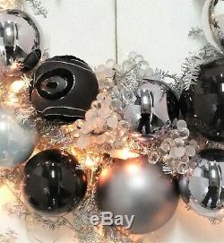 Frontgate Christmas Wreath with Ornaments Silver Jim Marvin Black & White 24