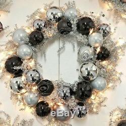 Frontgate Christmas Wreath with Ornaments Silver Jim Marvin Black & White 24