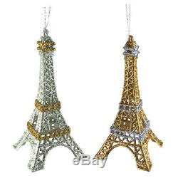 Glittered Eiffel Tower Christmas Ornaments, Gold/Silver, 5-3/4-Inch