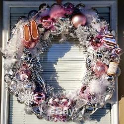 Handmade Shabby Chic Pink, White & Silver Christmas Holiday Ornament Wreath