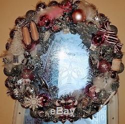 Handmade Shabby Chic Pink, White & Silver Christmas Holiday Ornament Wreath