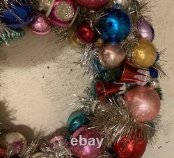 Handmade Wreath With Vintage Shiny Brite Ornaments And Silver Tinsel 18 Inch