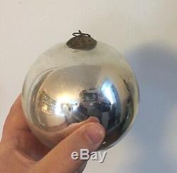 Large Antique 19th c. German Mercury Glass Kugel Christmas Ornament Silver
