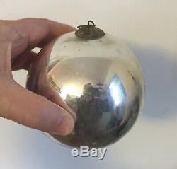 Large Antique 19th c. German Mercury Glass Kugel Christmas Ornament Silver