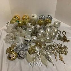 Large Lot Christmas Balls Ornaments Crackle Sparkle Pears Snowflakes Gold Silver