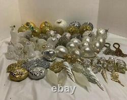 Large Lot Christmas Balls Ornaments Crackle Sparkle Pears Snowflakes Gold Silver