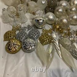 Large Lot Christmas Balls Ornaments Crackle Sparkle Pears Snowflakes Gold Silver