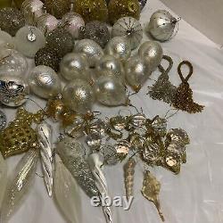 Large Lot Christmas Balls Ornaments Crackle Sparkle Pears Snowflakes Gold Silver