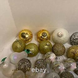 Large Lot Christmas Balls Ornaments Crackle Sparkle Pears Snowflakes Gold Silver