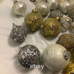 Large Lot Christmas Balls Ornaments Crackle Sparkle Pears Snowflakes Gold Silver