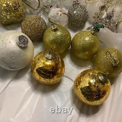 Large Lot Christmas Balls Ornaments Crackle Sparkle Pears Snowflakes Gold Silver