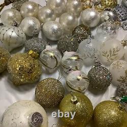 Large Lot Christmas Balls Ornaments Crackle Sparkle Pears Snowflakes Gold Silver