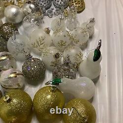 Large Lot Christmas Balls Ornaments Crackle Sparkle Pears Snowflakes Gold Silver