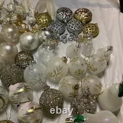Large Lot Christmas Balls Ornaments Crackle Sparkle Pears Snowflakes Gold Silver