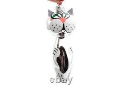 Lot (6) Czech blown glass hand painted silver cat Christmas tree ornaments decor