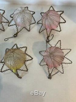 Lot 6 Vtg/Antique Silver Wire Tinsel Covered Glass Star Christmas Ornaments