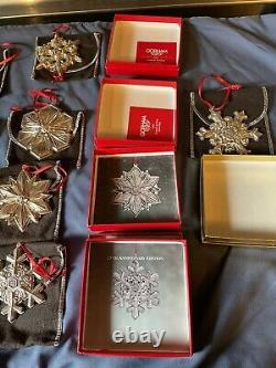 Lot 9 Gorham Sterling Silver Snowflake Ornaments 1987 1995 Withpouches And Boxes