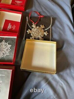 Lot 9 Gorham Sterling Silver Snowflake Ornaments 1987 1995 Withpouches And Boxes
