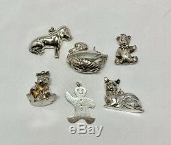 Lot Of 6 Sterling Silver Animal Character Christmas Ornaments / Pendants