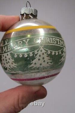 Lot Vintage Silvered Glass MERRY Christmas Pictured BALLS Ornaments Shiny Brite