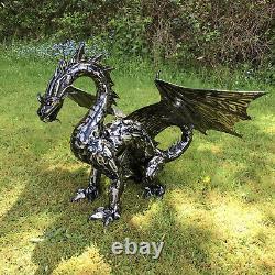 Metal Dragon Black/Silver Garden Ornament Sculpture Welsh Large Garden Statue