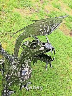 Metal Dragon Black/Silver Garden Ornament Sculpture Welsh Large Garden Statue