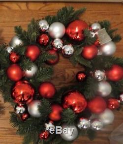 NWT Pottery Barn Outdoor ornament pine Christmas wreath red silver medium 22
