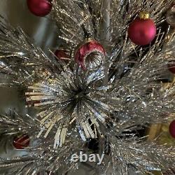 No Ornament Aluminum Silver Christmas Tree Sparkler 4 Ft MCM Pom Pom Mid Century