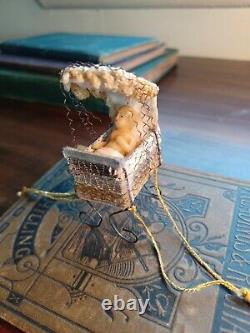 Rare Antique German Wax Baby Jesus cotton wire wrapped Cradle Christmas Ornament