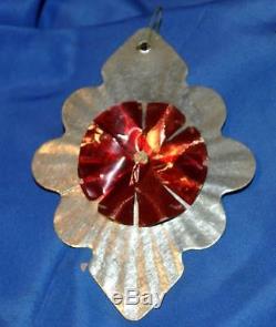 Set 6 1940's Xmas Ornaments, Silver Foil Ovr Cardboard Shapes Cellophane Centers