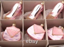 Set (6) blown glass pink silver shoe bag beaded Christmas ornaments