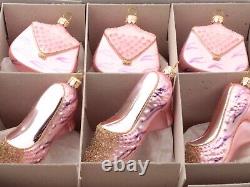 Set (6) blown glass pink silver shoe bag beaded Christmas ornaments