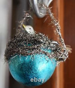 Set of 6 German Antique Bird Nest Christmas Ornaments Mercury Glass & Tinsel