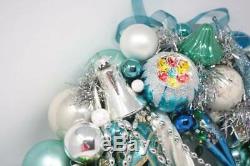 Shabby Cottage Chic Vintage Ornament Wreath Glass Christmas Wreath Blue Silver