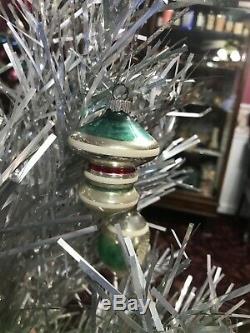VINTAGE 2 1/2 ft Table Top Silver ALUMINUM CHRISTMAS TREE w Atomic Ornaments