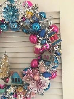 VINTAGE CHRISTMAS ORNAMENT WREATH Angels Trees mercury glass blue/pink/silver