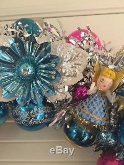 VINTAGE CHRISTMAS ORNAMENT WREATH Angels Trees mercury glass blue/pink/silver