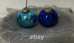 VTG Christmas Kugel Mercury Glass Ornaments Blue Star Silver Tone Crown Set 2