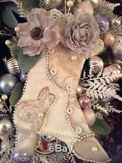 Victorian blue pink silver poinsettia hydrangea Christmas wreath with ornaments