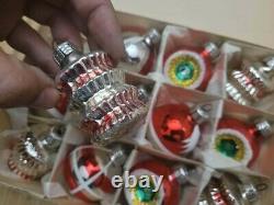 Vintage (12) Silver Red Glass Christmas Ornaments mixed, indent, Germany NIB