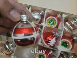 Vintage (12) Silver Red Glass Christmas Ornaments mixed, indent, Germany NIB