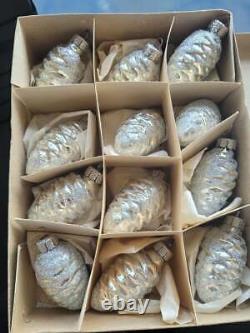 Vintage 1960s Glass Christmas Ornaments lot 12 Pine cones Silver Mica Snow