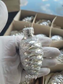 Vintage 1960s Glass Christmas Ornaments lot 12 Pine cones Silver Mica Snow