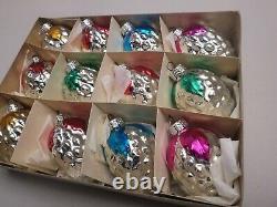 Vintage 1970s Christmas Glass Ornaments Lot x 12 Silver pinecones Handpainted